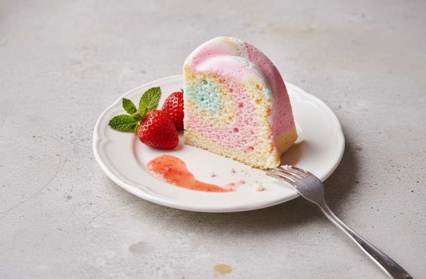 Colorful rainbow cake slice with strawberries on a white plate.