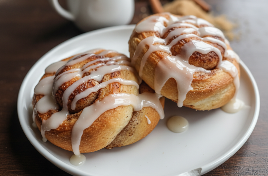 Fresh cinnamon rolls drizzled with icing on a white plate, ready to enjoy.