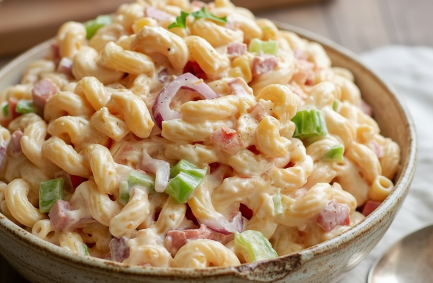 Delicious creamy macaroni salad with ham, celery, and onions.
