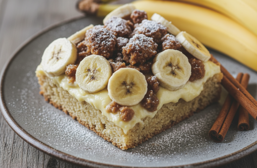 Delicious banana brownie topped with sliced bananas and cinnamon sticks.