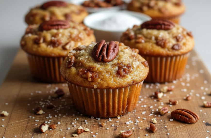 Delicious pecan muffins with nuts and pecan topping on a wooden surface.