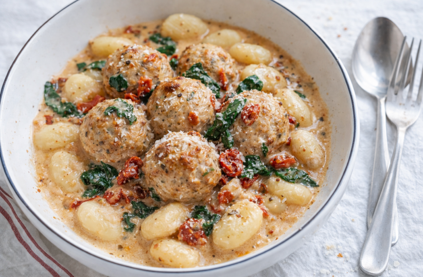 A creamy one-pot dinner, these Tuscan chicken meatballs with gnocchi cook&hellip;