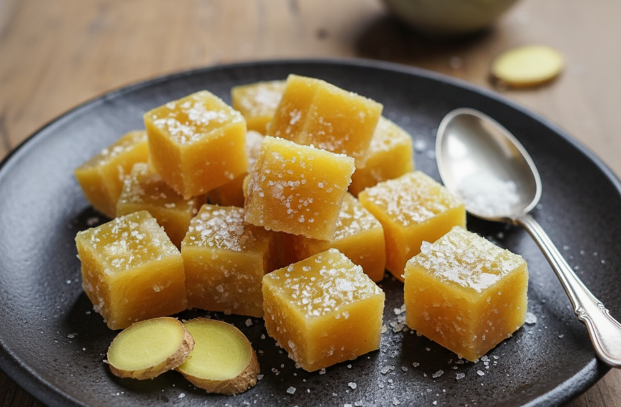 Delicious sweet corn fudge cubes garnished with coconut flakes on a black plate.