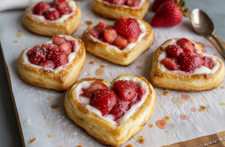 Heart-shaped pastries with fresh strawberries and powdered sugar.